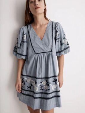 Madewell Light Blue Embroidered V-Neck Mini Dress